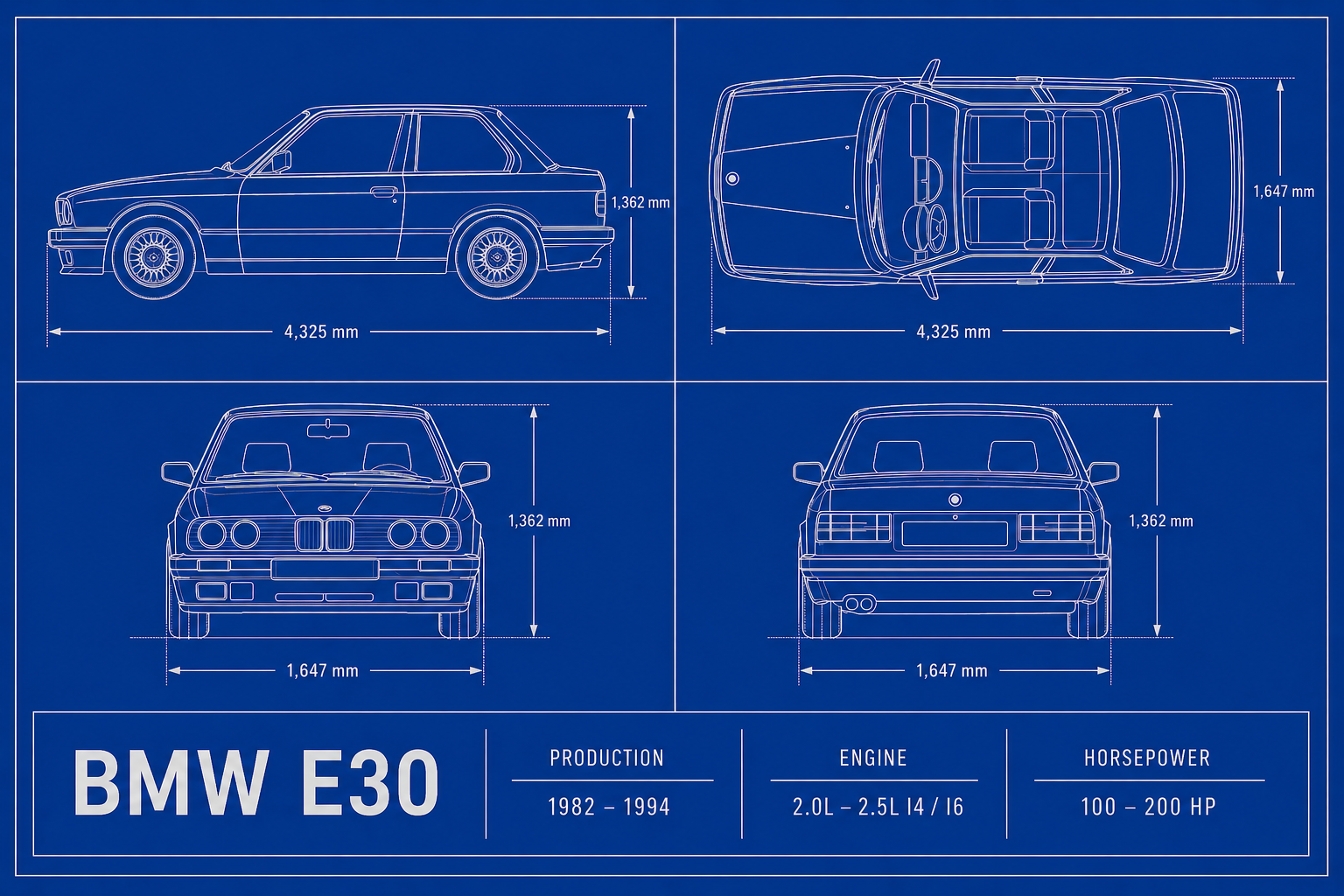 BMW E30 blueprint poszter