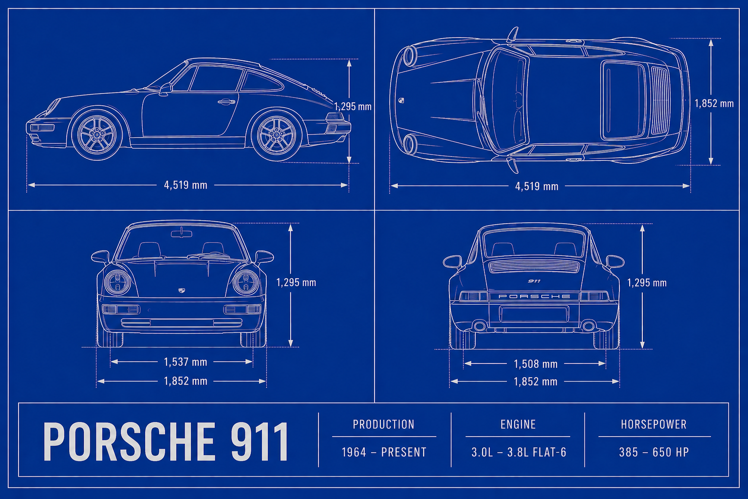 Porsche 911 blueprint poszter