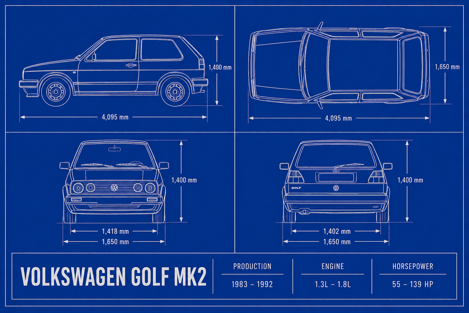 Volkswagen Golf MK2 blueprint poszter